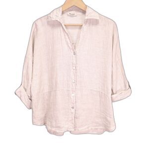 Meo Meli Women Collared Button Up Blouse Tan Linen Roll Sleeve One Size Boho